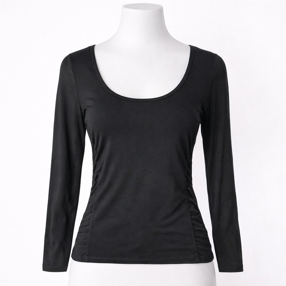 KENNETH COLE WOMENS TOP BLACK LONG SLEEVE SCOOP NECK RUCHED SIDE SMALL VTG Y2K